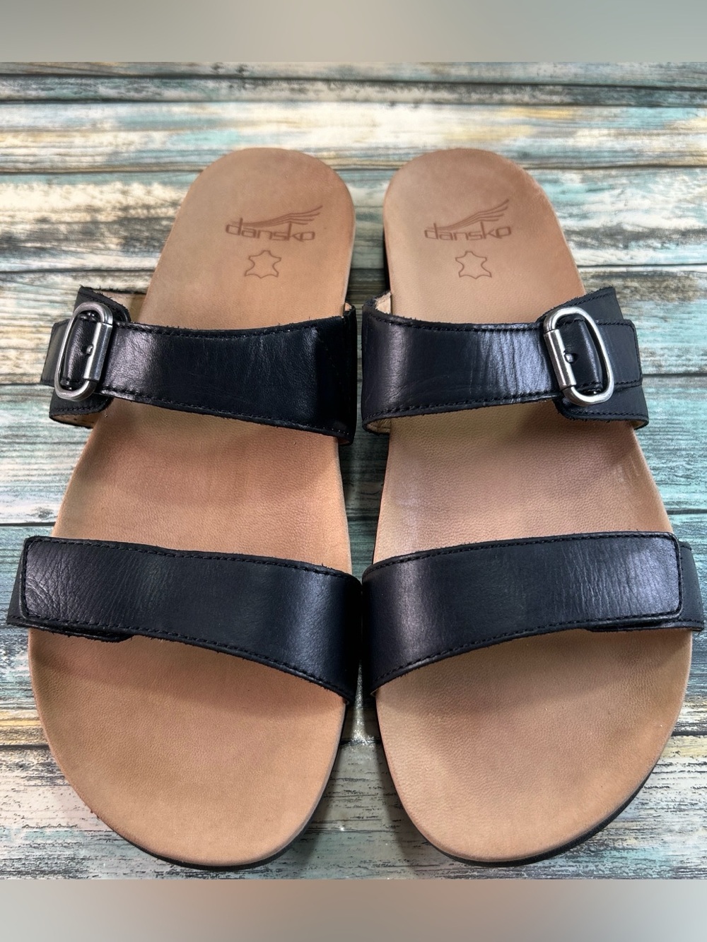 Dansko Justine Slide Sandals Womens Size 11.5-12 Black Leather Adjustable Straps
